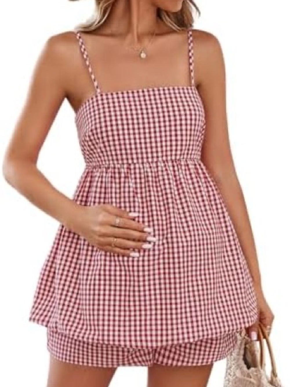 🧺 Gingham Spaghetti-Strap Maternity Camisole in Red